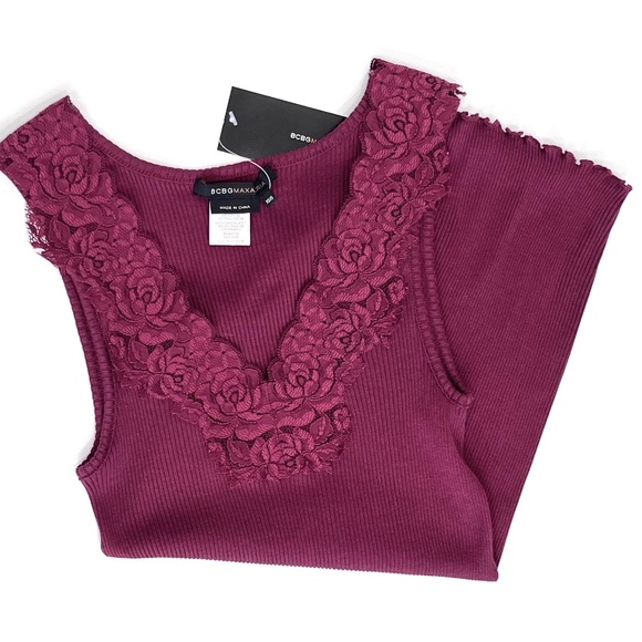BCBGMaxAzria Silk Rib Knit Lace Burgundy V-Neck Tank Top - Picture 4 of 6
